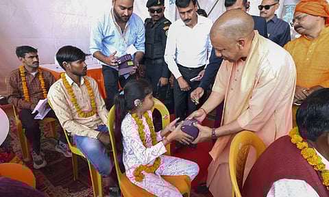 In this image posted by @myogiadityanath via X on Tuesday, April 15, 2025, UP CM Yogi Adityanath attends a Vijayotsav program organized in the memory of Raja Narpati Singh, the great warrior of the first freedom struggle, in Hardoi. (PTI)&nbsp;