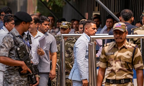 Businessman Robert Vadra leaves from the Enforcement Directorate's office after his questioning on the second straight day, in a 2008 Haryana land deal linked money laundering case, in New Delhi, Wednesday, April 16, 2025 (PTI)