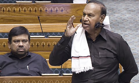 &nbsp;DMK MP T.R. Baalu speaks in the Lok Sabha during the Budget session of Parliament, in New Delhi (PTI)