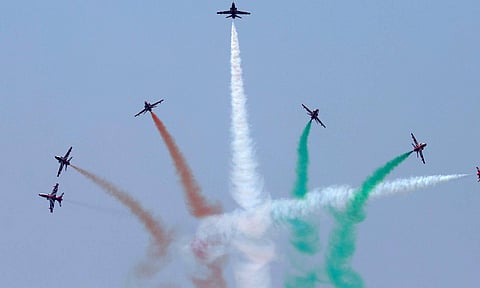 Indian Air Force's Surya Kiran Aerobatic Team (SKAT) painted the skies above the Namkum Army Ground in Ranchi with vibrant streaks of saffron, white and green (PTI)