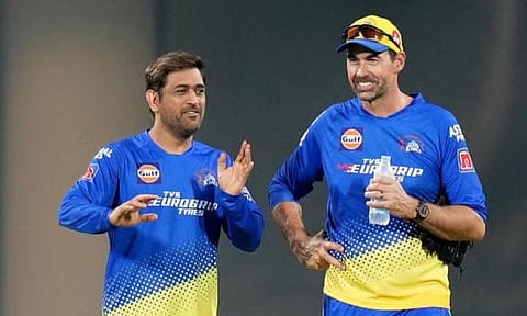 Chennai Super Kings captain MS Dhoni and team coach Stephen Fleming during the practice (PTI)
