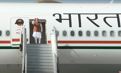 Prime Minister Narendra Modi emplanes for Jeddah, Saudi Arabia, in New Delhi. (PTI)