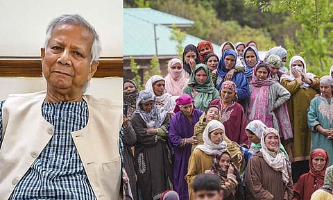 Bangladesh's interim government led by Chief Adviser Muhammad Yunus; Bereaved family members of Syed Adil Hussain Shah, a pony ride operator who was killed in the terror attack at Pahalgam, and others mourn during his funeral, in Anantnag district, Jammu and Kashmir, Wednesday, April 23, 2025 (PTI)&nbsp;