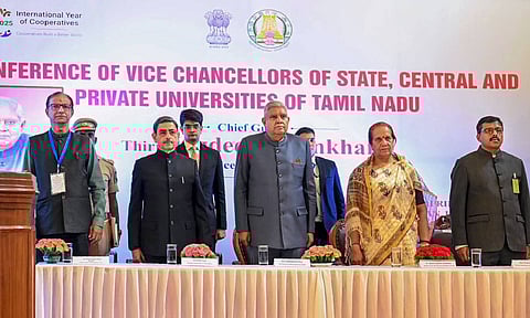 Vice President Jagdeep Dhankhar poses for group photos during the inauguration of the Vice Chancellors conference in Tamil Nadu, in Udhagamandalam (PTI)&nbsp;