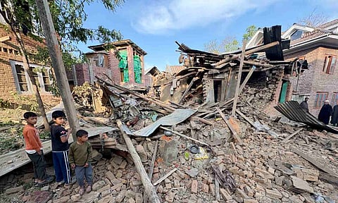 The destroyed house of Pahalgam terror attack accused Zakir Ahmad Ganie after a blast in Matalhama area of Kulgam district, J &amp; K, Saturday