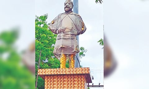 Bronze statue of Sivaji waiting to be unveiled