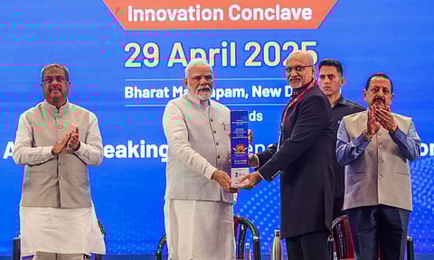 Prime Minister Narendra Modi at the YUGM Innovation Conclave at Bharat Mandapam, in New Delhi.