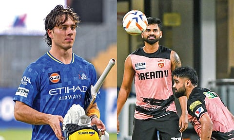 (L-R) CSK’s Dewald Brevis; Punjab captain Shreyas Iyer plays football with Prabhsimran Singh (Photos: Hemanathan M)