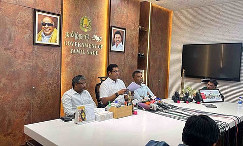 TN industries minister TRB Rajaa briefing media at TN secretariat about the TN Electronics Components Manufacturing Scheme released by Chief Minister MK Stalin today