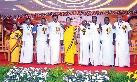 Premalatha with party functionaries at Dharmapuri meet