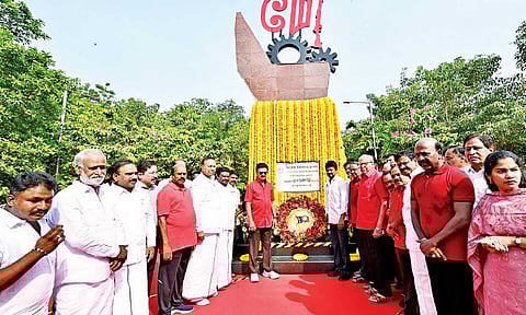 Chief Minister MK Stalin paying floral tributes to workers at May Day Park on the occasion of International Labour Day on Thursday