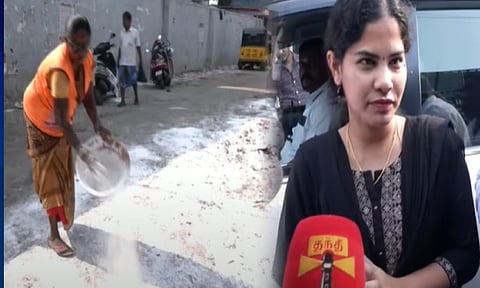 (L to R) Cleanliness workers; Mayor R Priya (Thanthi TV screengrab)