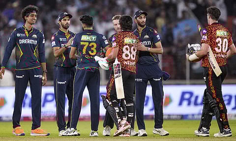 Gujarat Titans' players celebrate after winning the Indian Premier League (IPL) 2025 cricket match against Sunrisers Hyderabad, in Ahmedabad, Friday, May 2, 2025 (PTI)&nbsp;