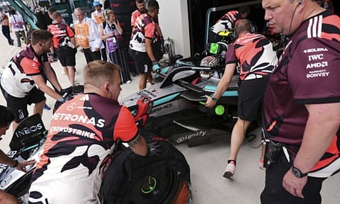 Mercedes driver Kimi Antonelli of Italy gets a pit stop during a practice session for the Formula One Miami Grand Prix auto race (AP)