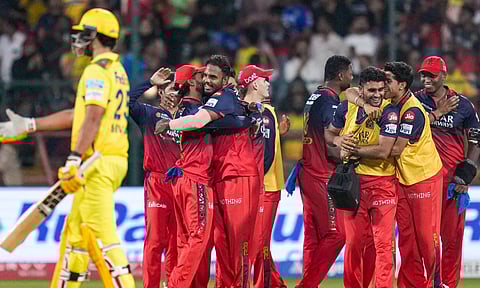 Royal Challengers Bengaluru's players celebrate after winning the Indian Premier League (IPL) 2025 cricket match against Chennai Super Kings, at M Chinnaswamy Stadium in Bengaluru (PTI)