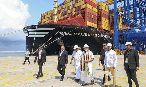 &nbsp;Prime Minister Narendra Modi, Kerala Governor Rajendra Arlekar, Chief Minister Pinarayi Vijayan, Adani Group Chairman Gautam Adani and others at the newly-inaugurated Vizhinjam International Seaport, in Thiruvananthapuram