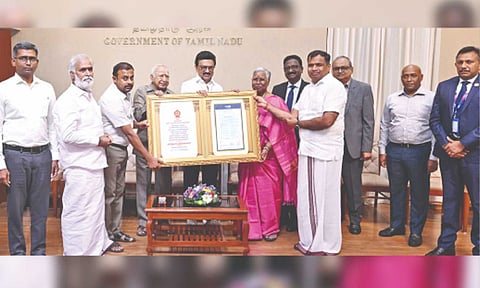 Chief Minister MK Stalin handing over HR&amp;CE’s gold investment scheme document (file)