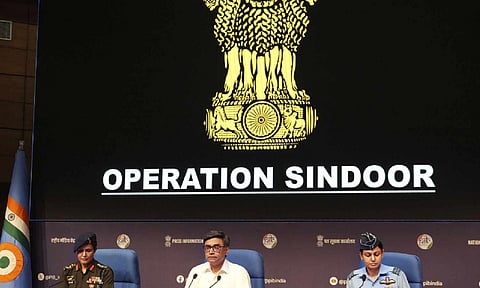 Foreign Secretary Vikram Misri with Army's Col Sofiya Qureshi and IAF Wing Commander Vyomika Singh during a press conference regarding 'Operation Sindoor', in New Delhi (PTI)