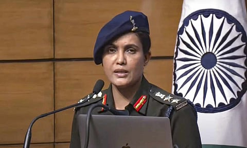 Army officer Col Sofiya Qureshi addresses a press conference regarding 'Operation Sindoor', in New Delhi, Wednesday, May 7, 2025. Indian armed forces carried out missile strikes on terror targets in Pakistan and PoK under 'Operation Sindoor', in retaliation for the Pahalgam terror attack. (PTI)&nbsp;