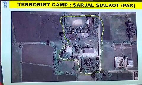 A visual of a terrorist camp in Pakistan which was struck as part of 'Operation Sindoor', being displayed during a press conference, in New Delhi (PTI)