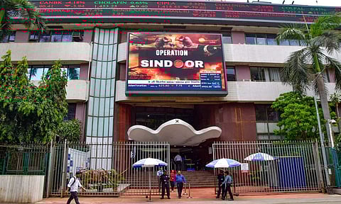 'Operation Sindoor' visual being displayed on a screen outside the Bombay Stock Exchange (BSE) building, in Mumbai. (PTI)