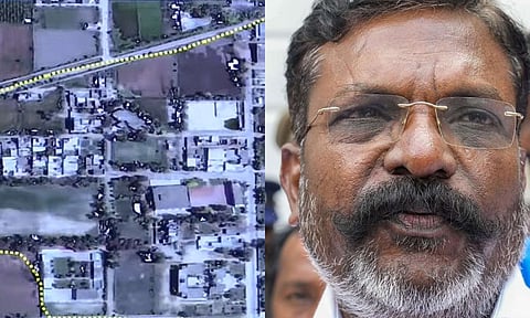 A visual of a terrorist camp in Pakistan which was struck as part of 'Operation Sindoor', being displayed during a press conference, in New Delhi; VCK president Thol Thirumavalavan (PTI)&nbsp;