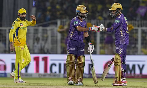 Kolkata Knight Riders captain Ajinkya Rahane and Sunil Narine during an Indian Premier League (IPL) 2025 T20 cricket match between Kolkata Knight Riders and Chennai Super Kings, at the Eden Gardens, in Kolkata, West Bengal (PTI)&nbsp;