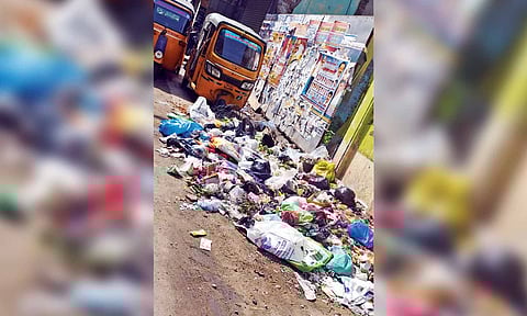 Piled up garbage along the roadside in Ramanujan Iyer Street