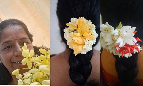 Meenakshi with kondrai; Jasmine with Shenbagam tied in a circular form; Maramalli and Vetchi