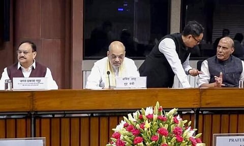 Union Ministers Rajnath Singh, Amit Shah and JP Nadda, Leader of Opposition in the Lok Sabha Rahul Gandhi, Congress President and Leader of Opposition in the Raya Sabha Mallikarjun Kharge and other leaders during an all-party meeting on 'Operation Sindoor', in New Delhi (PTI)&nbsp;