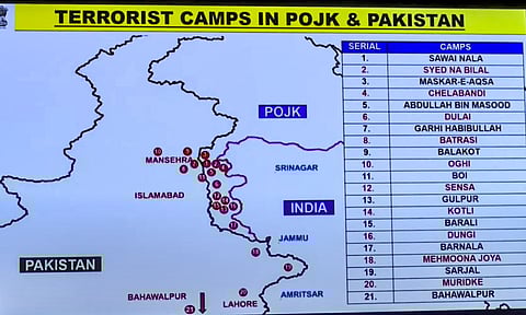 A map showing the terrorist camps struck as part of 'Operation Sindoor' in Pakistan and PoK, being displayed during a press conference, in&nbsp;New&nbsp;Delhi&nbsp;(PTI)