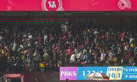 Spectators leave after the Indian Premier League (IPL) 2025 T20 cricket match between Punjab Kings and Delhi Capitals was suspended, at the HPCA Stadium, in Dharamsala, Thursday, May 8, 2025 (PTI)&nbsp;