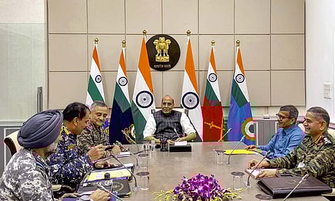 Defence Minister Rajnath Singh holds a meeting with CDS Gen. Anil Chauhan, Army Chief Gen. Upendra Dwivedi, Navy Chief Admiral Dinesh K. Tripathi and IAF Chief Air Chief Marshal A.P. Singh, in New Delhi, Friday, May 9, 2025 (PTI)&nbsp;