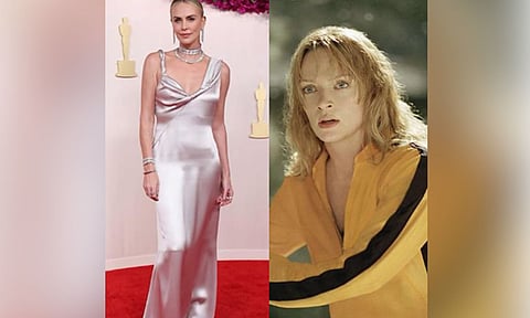 Charlize Theron, left ; Uma Thurman, right in Kill Bill (IG @charlizeafrica)