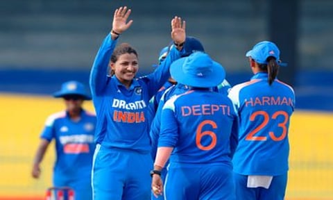 India women's cricket team celebrating after winning the match against Sri Lanka (X/@BCCIWomen )