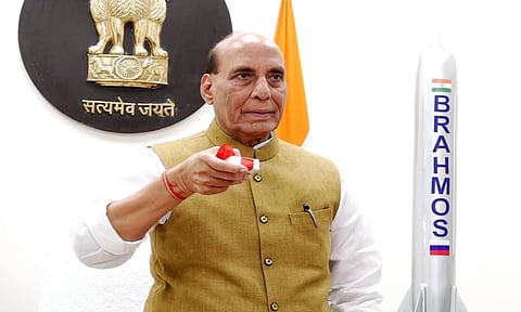 Defence Minister Rajnath Singh virtually attends the inauguration of BrahMos Aerospace Integration and Testing Facility, in New Delhi, Sunday, May 11, 2025 (PTI)