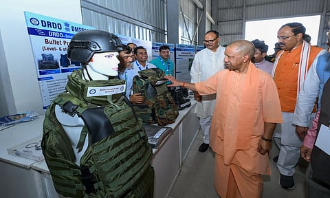 Uttar Pradesh Chief Minister Yogi Adityanath with Deputy Chief Ministers Keshav Prasad Maurya and Brajesh Pathak during the inauguration of BrahMos Aerospace Integration and Testing Facility, in Lucknow, Sunday, May 11, 2025 (PTI)