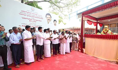 Udhayanidhi Stalin unveils a bust of former Chief Minister M Karunanidhi at Taramani on Monday&nbsp;