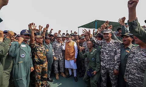 PM Narendra Modi with Air Force Personnel at the Adampur air base, Punjab (PTI)