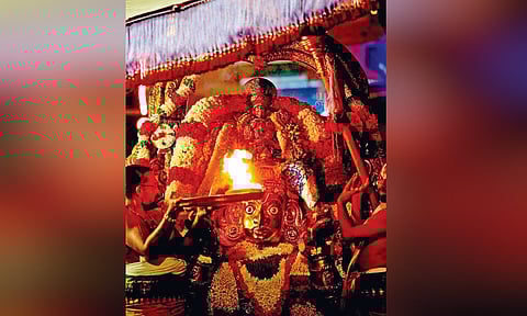 Deity Varadaraja Perumal mounted on ‘Garuda Vahanam’ gives darshan during procession held at Kancheepuram