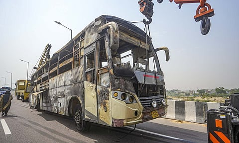 Charred remains inside a bus after it caught fire, in Lucknow, Thursday, May 15, 2025 (PTI)&nbsp;