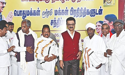 Chief Minister MK Stalin with leaders of tribal communities in the Nilgiris during his 5-day visit to the district on Friday