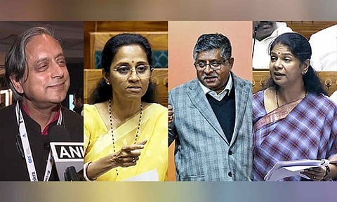 Congress MP Shashi Tharoor, NCP (SP) MP Supriya Sule, BJP MP Ravi Shankar Prasad,  DMK MP Kanimozhi (ANI)