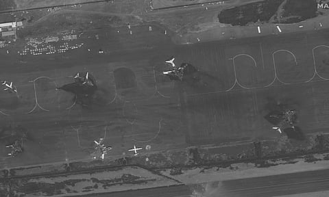 This satellite image provided by Maxar Technologies shows destroyed airplanes on the tarmac at the Sanaa International Airport in Yemen on Wednesday, May 7, 2025, after a Tuesday Israeli attack. (AP)