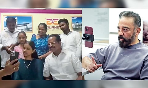 Actor-politician Kamal Haasan interacting with the girl via video conference on Saturday&nbsp;