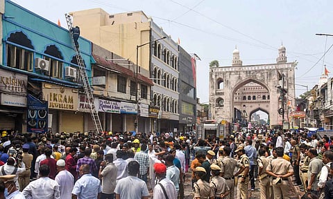 Firefighters carry out rescue and relief work after a fire broke out in a building near Gulzar Houz in the Old City area of Hyderabad in Telangana (PTI)