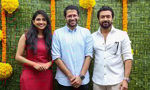L to R: Mamitha Baiju, Venky Atluri, and Suriya&nbsp;