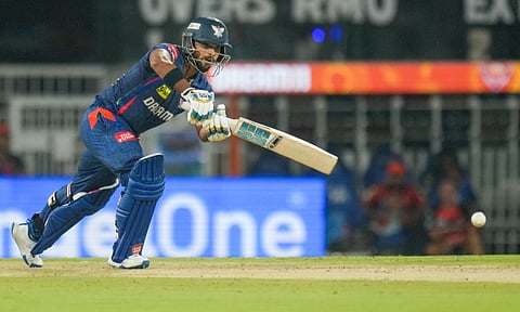 Lucknow Super Giants' Nicholas Pooran plays a shot during the Indian Premier League (IPL) 2025 cricket match between Lucknow Super Giants and Sunrisers Hyderabad, in Lucknow, Monday, May 19, 2025 (PTI)&nbsp;