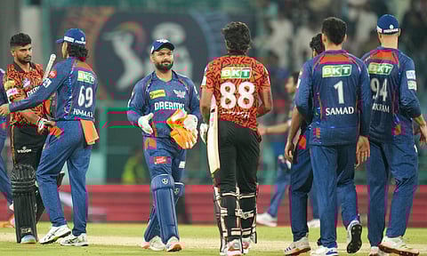 SRH's Nitish Kumar Reddy and Aniket Verma being greeted by LSG players after Sunrisers Hyderabad won the Indian Premier League (IPL) 2025 cricket match against Lucknow Super Giants, in Lucknow (PTI)