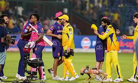 Players exchange greetings after the IPL 2025 cricket match between Rajasthan Royals and Chennai Super Kings at the Arun Jaitley Stadium, in New Delhi, Tuesday, May 20, 2025. Rajasthan Royals won the match with 6 wickets (PTI)